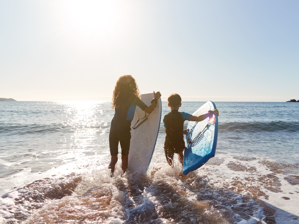 2 children boogie boarding