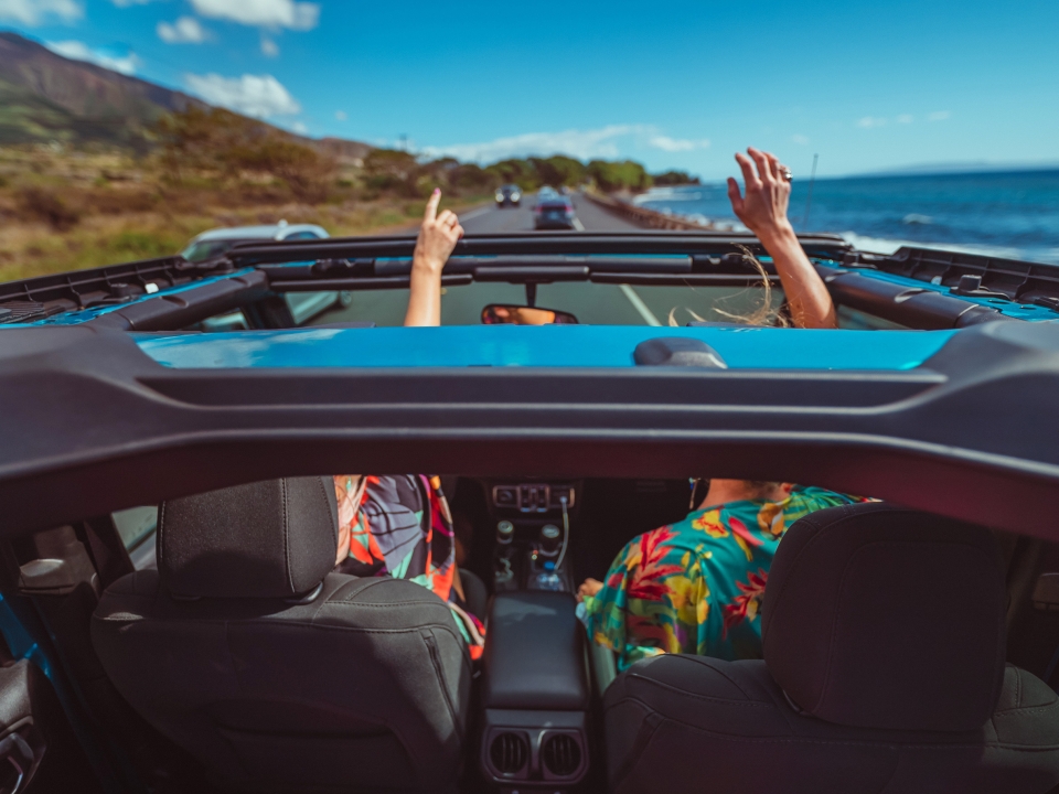 Couple in car with hands up