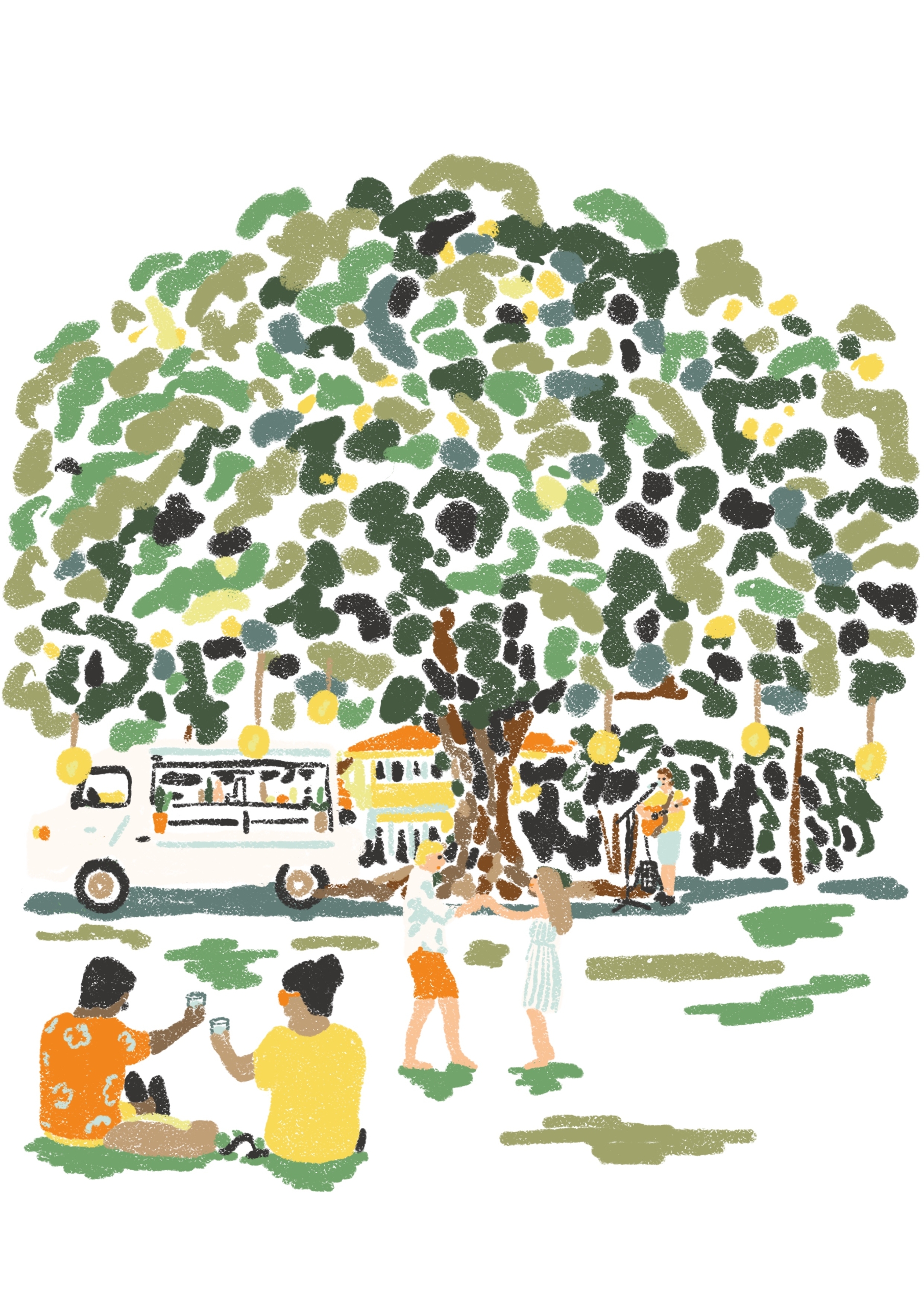 An illustrations of someone playing on the lawn under a big tree