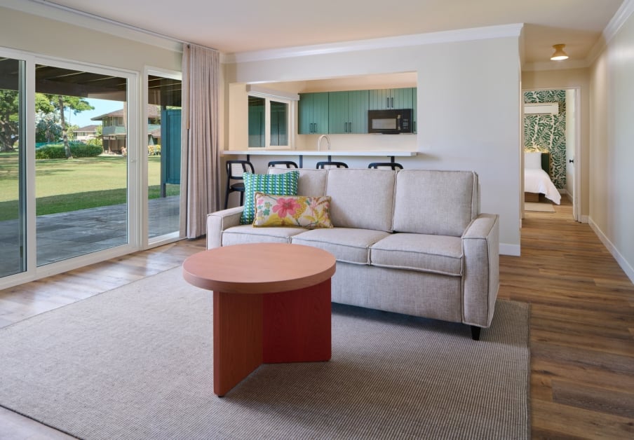 Royal Lahaina Bungalow Two-Bedroom Suite with living room and kitchen