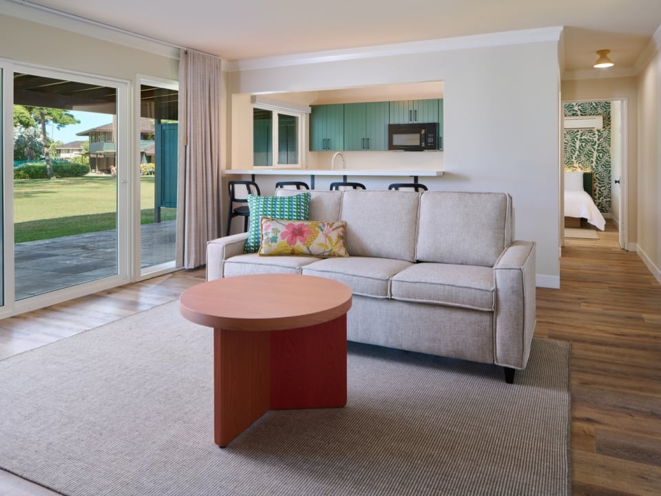Royal Lahaina Bungalow Two-Bedroom Suite with living room and kitchen