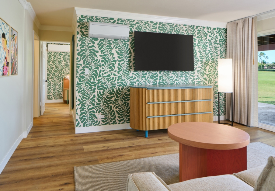 Royal Bungalow Two-Bedroom Suite living room with garden facing balcony