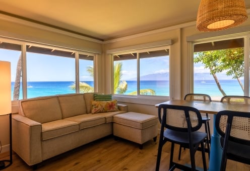 Royal Lahaina hotel suite private living room, Bungalow Studio Suite Oceanfront with bar table and four bar stools.
