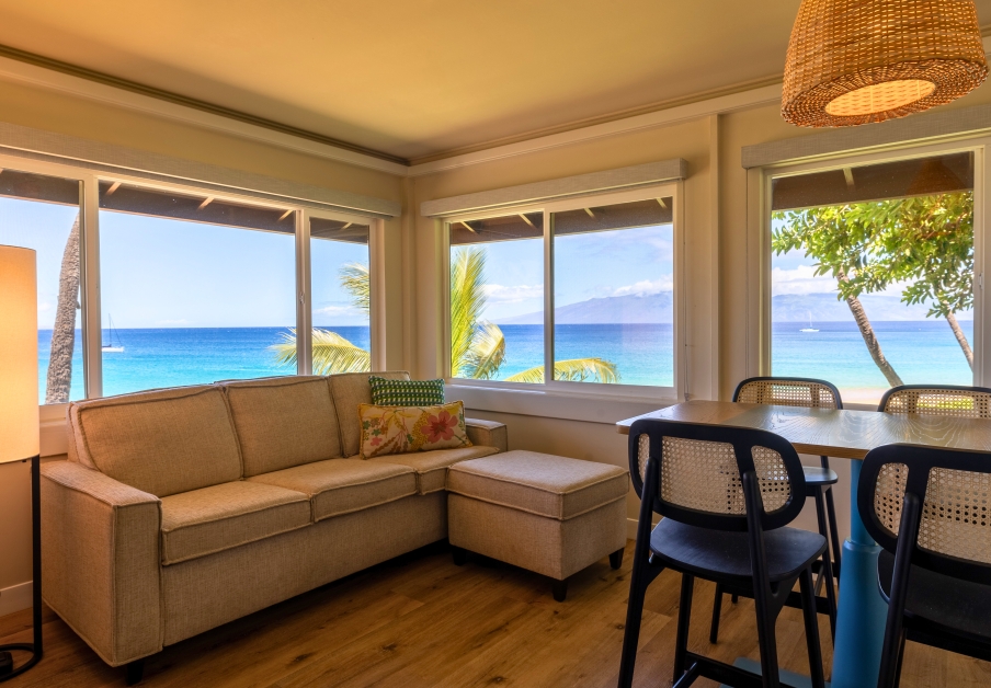 Royal Lahaina hotel suite private living room, Bungalow Studio Suite Oceanfront with bar table and four bar stools.