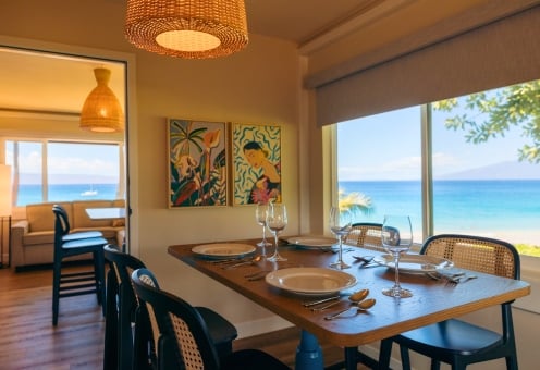 Royal Lahaina hotel suite with dining room and ocean front, Bungalow Studio Suite Oceanfront.